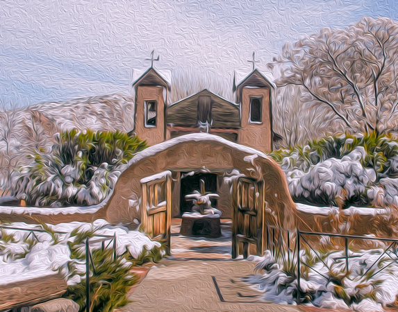 Chimayo in snow, painterly